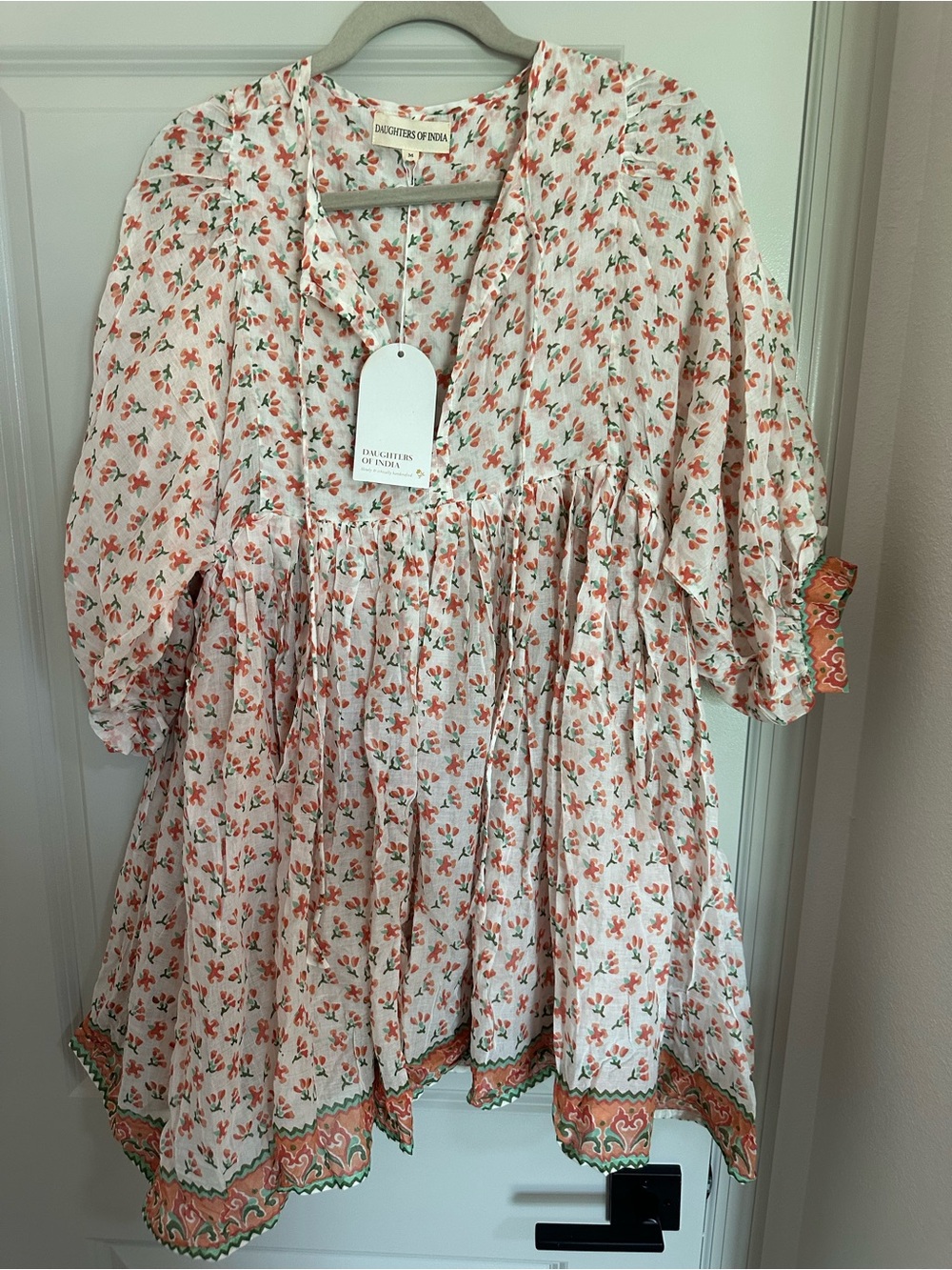 Daughters of India White Mini Dress with Coral Floral Print
